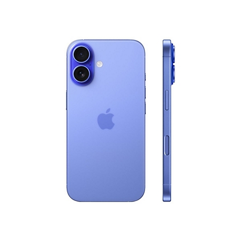 Smartphone Apple bleu clair, vue arrière et latérale, deux caméras, logo Apple.