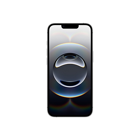 Dunkelgraues Smartphone mit GlasoberflÃ¤che, weiÃŸer Bildschirm, vor weiÃŸem Hintergrund. Das Display zeigt eine stilisierte Kugel.