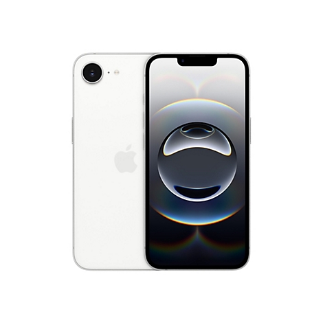 Zwei weiÃŸe iPhones, Vorder- und RÃ¼ckseite gezeigt. Das Display zeigt einen Kreis-Hintergrund.