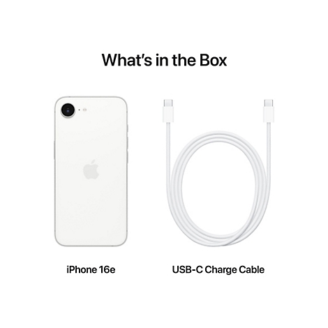 WeiÃŸes iPhone 16e und USB-C-Ladekabel auf weiÃŸem Hintergrund. Ãœberschrift: What's in the Box.