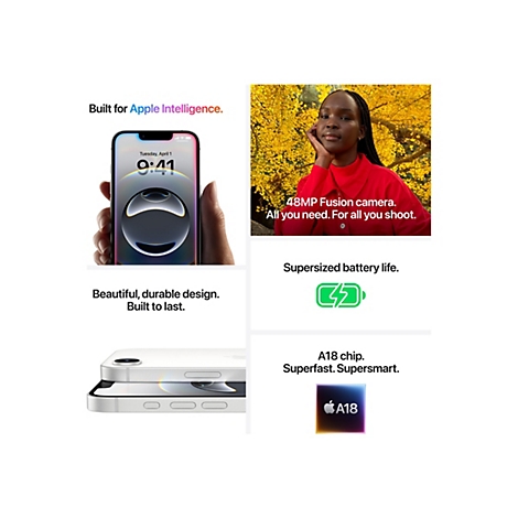 Werbung fÃ¼r das Apple iPhone. Das Bild zeigt ein iPhone in der Hand, eine Frau und Text, der die wichtigsten Merkmale hervorhebt.