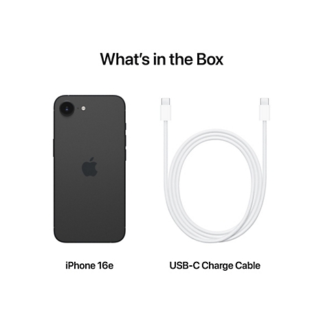 Schwarzes iPhone 16e neben einem weiÃŸen USB-C Ladekabel, vor weiÃŸem Hintergrund. Text: What's in the Box.