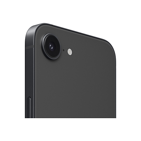 Nahaufnahme eines schwarzen Smartphones. Fokus liegt auf der Kamera mit Objektiv und Blitz.