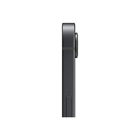 Nahaufnahme eines schwarzen Smartphones. Die Kamera und die Seite des Gehäuses sind zu sehen. Der Hintergrund ist weiß.
