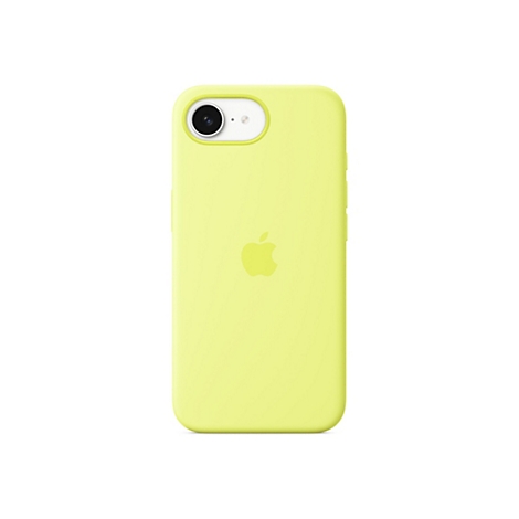 Coque d'iPhone jaune sur fond blanc. Appareil photo, logo Apple et boutons de volume visibles.