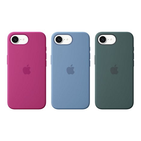 Drei iPhone-Silikonhüllen in Pink, Blau und Dunkelgrün nebeneinander vor weißem Hintergrund.