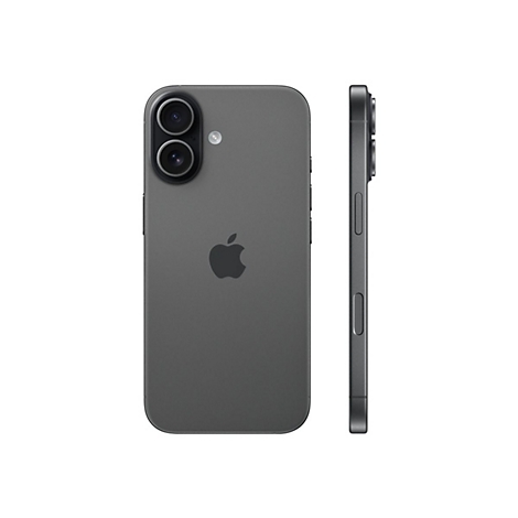 Dunkelgraues Smartphone mit zwei Kameras, Apple-Logo und Seitentasten, Seitenansicht.