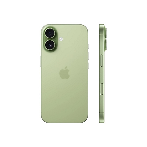 Hellgrünes iPhone, Rückseite und Seite, weiße Fläche. Doppelkamera und Apple-Logo deutlich sichtbar.