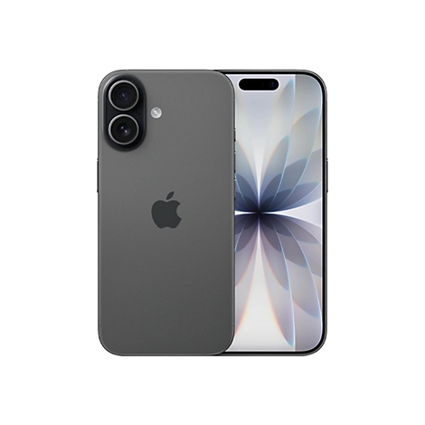 Dunkelgraues iPhone mit zwei Kameras, Apple-Logo und floralem Hintergrund.