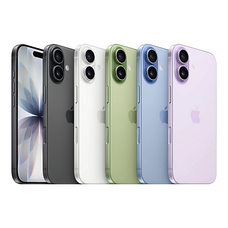 Sechs iPhones in verschiedenen Farben in einer Reihe vor weißem Hintergrund.
