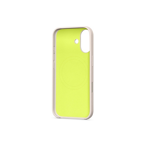 Coque de téléphone beige avec intérieur jaune, objectif et détails des boutons.