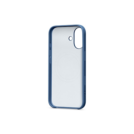 Une coque de téléphone en plastique bleu sur fond blanc. La coque est transparente, avec des découpes pour l'appareil photo et les boutons.
