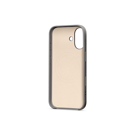 Coque de téléphone marron clair avec un cadre gris et un contour circulaire pour MagSafe.
