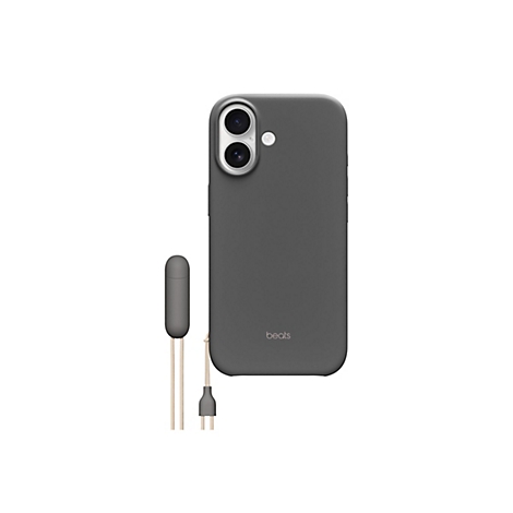 Coque de smartphone gris foncé avec étui pour écouteurs et cordon. Le mot "beats" est sur l'étui.