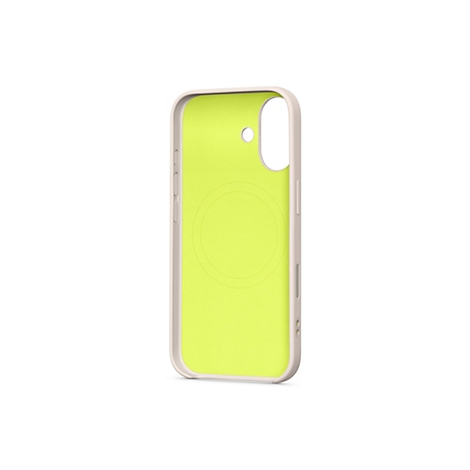 Coque de téléphone vert clair avec une bordure beige. À l'intérieur, on peut voir un renfoncement circulaire.