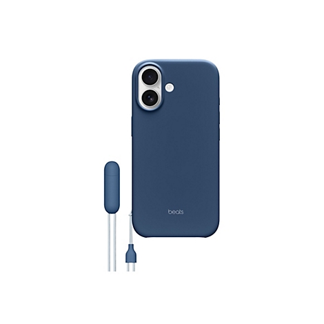 Téléphone bleu avec un étui, à côté, un étui de chargement assorti avec câble. Le nom de la marque "beats" est visible sur l'étui du téléphone.