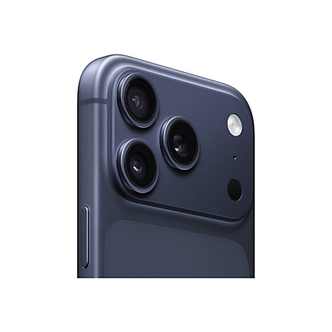 Nahaufnahme der Rückseite eines blauen Smartphones mit drei Kameras, einem Blitz und einem Mikrofon.