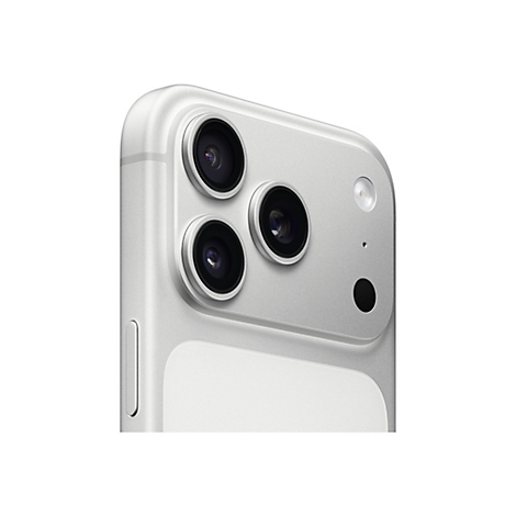 Nahaufnahme des Kamera-Moduls eines silbernen iPhones. Drei Objektive, ein Blitz, ein Mikrophon und ein kleiner schwarzer Sensor. Die Oberfläche ist glatt und reflektierend.