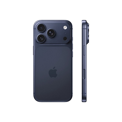 Dunkelblaues Smartphone, Rück- und Seitenansicht. Drei Kameraobjektive, Apple Logo.