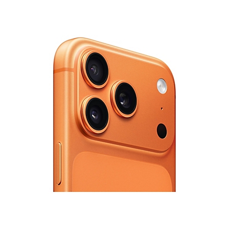 Nahaufnahme der orangefarbenen Rückseite eines Smartphones mit drei Kameralinsen und Blitzlicht.
