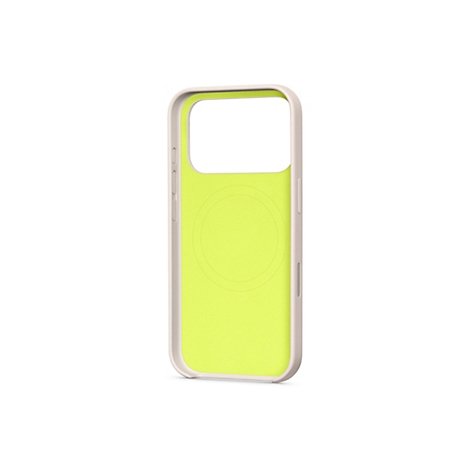 Coque de téléphone vert clair avec un cadre beige clair sur fond blanc. La coque montre des découpes pour la caméra et les commandes.