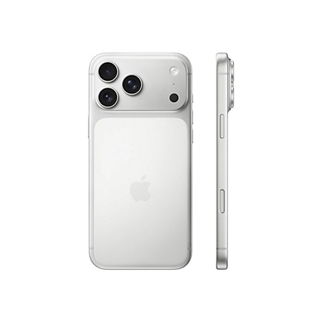 Hellgraues Smartphone, Ansicht von hinten und seitlich. Drei Kameras, Apple-Logo und Lautstärketasten.