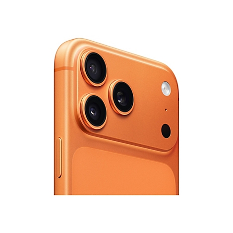 Nahaufnahme der Rückseite eines orangefarbenen Smartphones mit drei Objektiven, einem Blitz und einem Mikrofon.