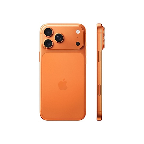 Orangefarbenes Smartphone, Ansicht von Vorder- und Seite. Rückseite mit Apple-Logo, drei Kameras.