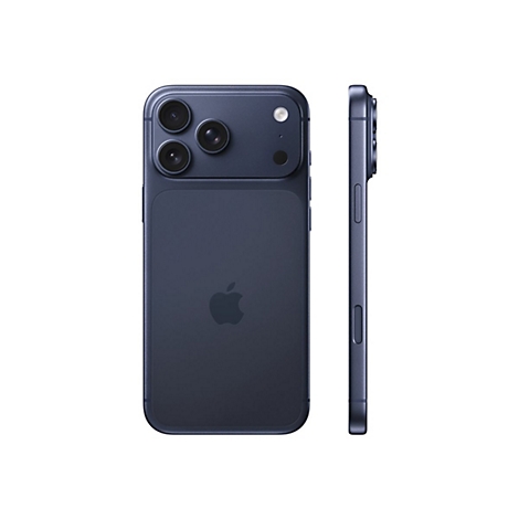 Dunkelblaues Smartphone von hinten und von der Seite mit Triple-Kamera-System und Apple-Logo.