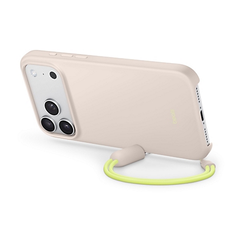 Coque de smartphone rose clair avec dragonne jaune, isolée sur fond blanc.