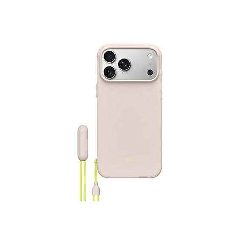 Coque iPhone rose clair avec cordons jaunes et écouteurs, sur fond blanc.