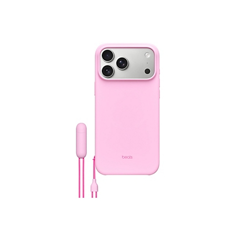 Coque d'iPhone rose clair à côté d'une paire d'écouteurs. La coque porte l'inscription "beats".