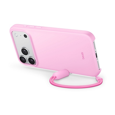 Coque de smartphone rose clair avec cordon, marque "beats".