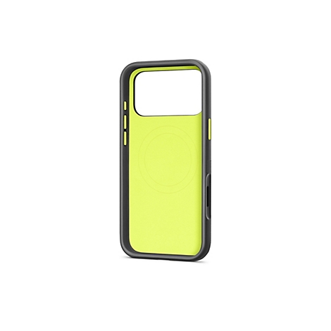 Une coque de téléphone noire et jaune néon. La coque montre l'intérieur avec l'espace pour l'appareil photo et les boutons.