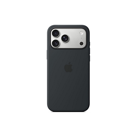 Coque de téléphone gris foncé avec découpe pour caméra et logo Apple, sur fond blanc.