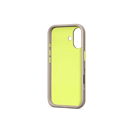 Coque de téléphone vert clair avec un cadre beige sur fond blanc. Découpe ronde pour la caméra. Un cercle est indiqué au dos.