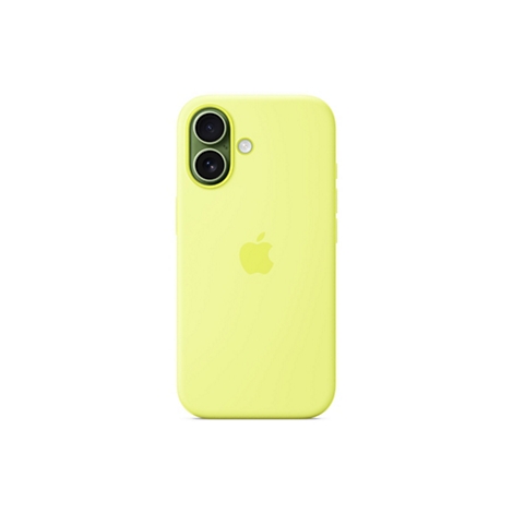 Coque de téléphone jaune clair avec logo Apple, sur fond blanc. Deux caméras en haut à gauche.