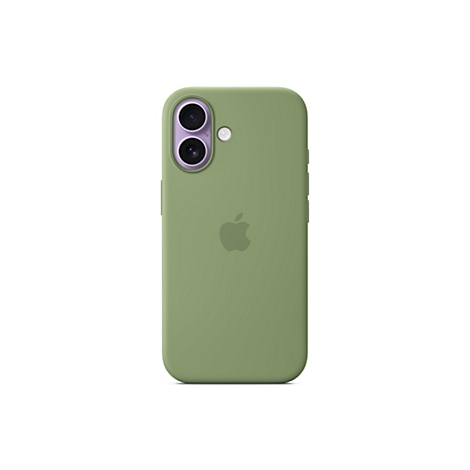 Une coque de téléphone verte avec le logo Apple. La caméra et un flash sont visibles.