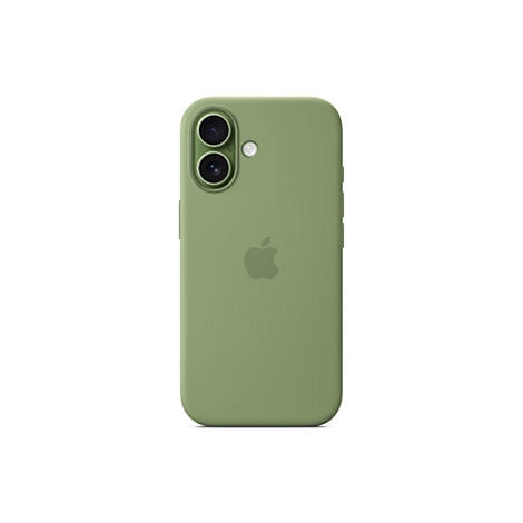 Un étui vert pour iPhone, avec le logo Apple. La découpe de l'appareil photo montre deux objectifs. Sur fond blanc.