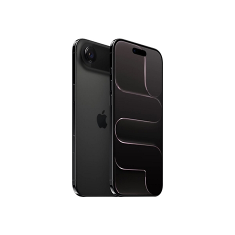 Schwarzes Smartphone von vorne und hinten, mit Apple-Logo und abstraktem Display-Design auf weißem Hintergrund.