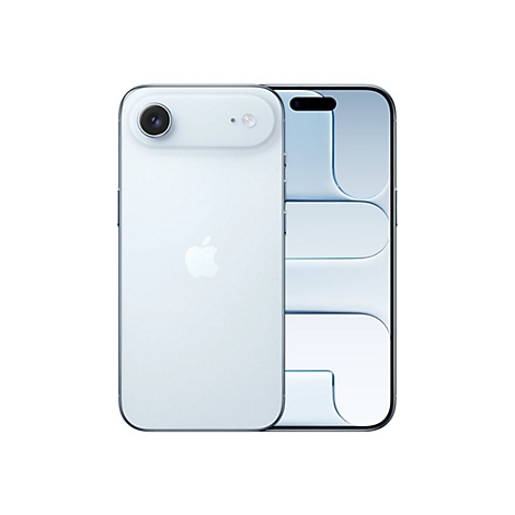 Hellblaues iPhone auf weißem Hintergrund. Rückseite mit Kamera, Apple Logo. Vorderseite mit Bildschirm.