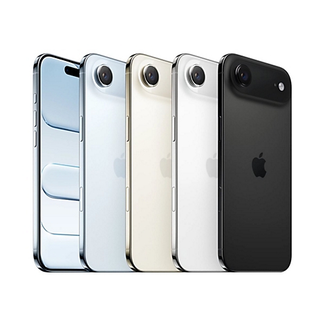 Vier Smartphones in verschiedenen Farben stehen nebeneinander vor weißem Hintergrund.