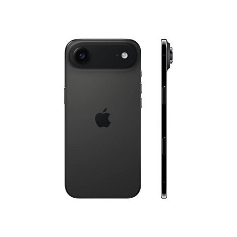 Schwarzes Apple iPhone mit Kamera-Modul und Apple-Logo vor weißem Hintergrund, Vorder- und Seitenansicht.