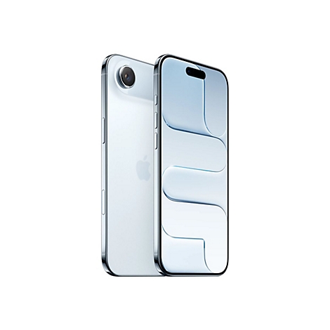 Zwei iPhones in Weiß vor weißem Hintergrund. Das vordere Telefon zeigt ein abstraktes blaues Muster. Das andere Telefon zeigt die Rückseite mit Kamera und Apple-Logo.