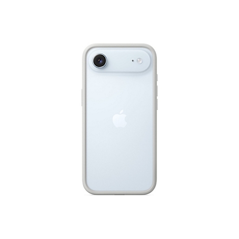 Dos d'un smartphone bleu clair avec caméra et logo Apple, encadré par une coque gris clair.