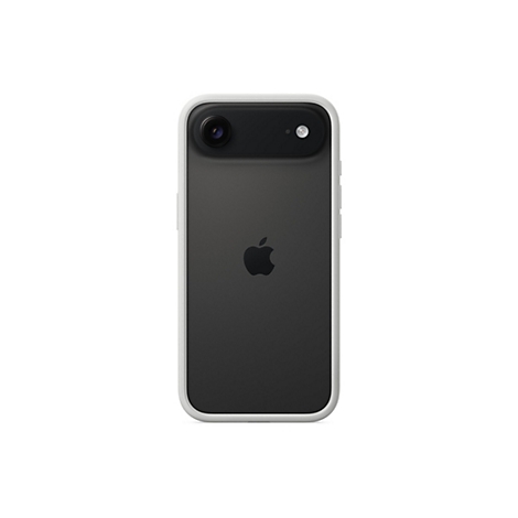 Smartphone gris foncé avec cadre blanc sur fond blanc. Un logo Apple est visible au dos.