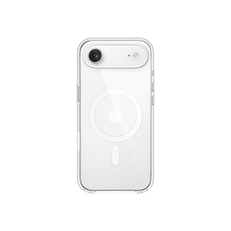 Coque de téléphone transparente avec découpe pour appareil photo et logo Apple, sur fond blanc.