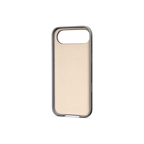 Coque de téléphone marron clair avec des bords gris, un fond blanc et un marquage circulaire.