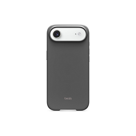 Coque de téléphone gris foncé avec logo Beats, découpe pour l'appareil photo et zone blanche avec appareils photo.