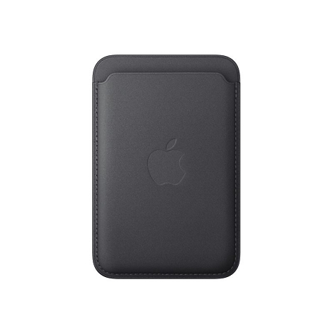Porte-cartes en cuir gris foncé avec logo Apple. Coutures décoratives sur les bords.